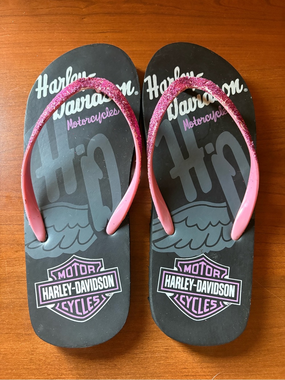 Harley-Davidson Black Flip Flop Sandals with Pink Glitter Straps